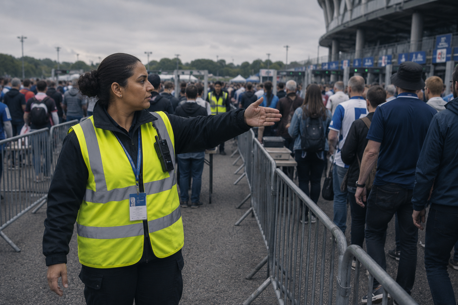Steward managing visitor queues at a pedestrian screening area