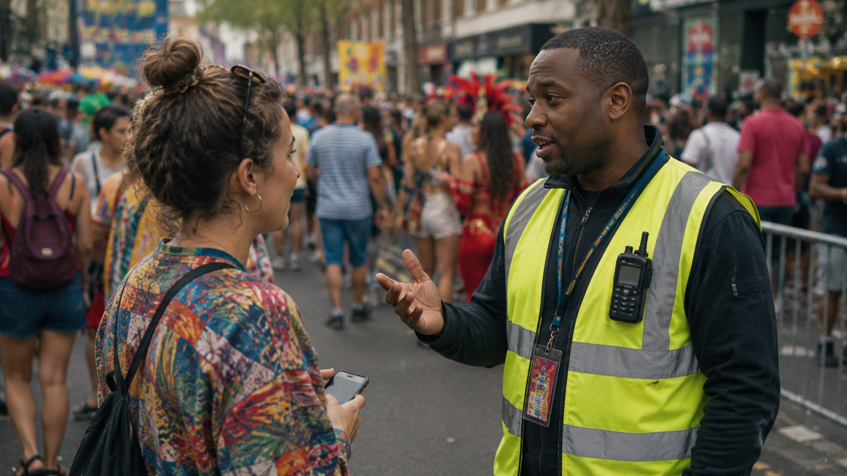 Steward guiding spectators on a busy event concourse