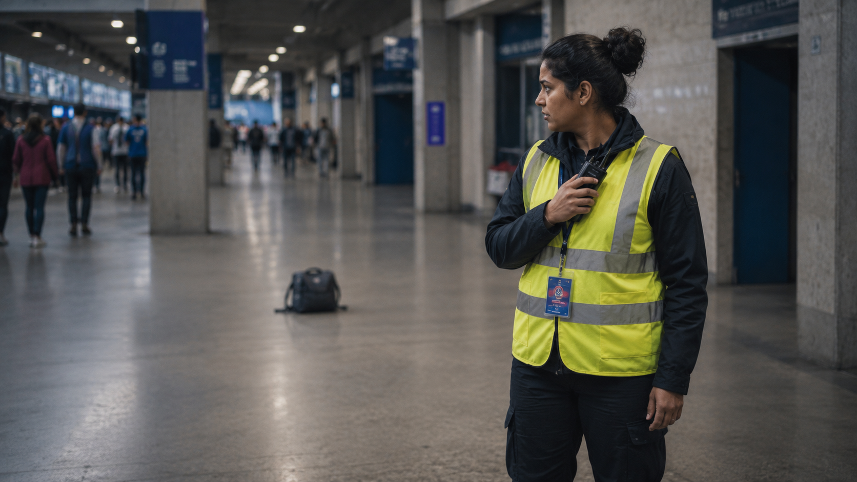 Steward maintaining a safe distance from an unidentified item at a venue