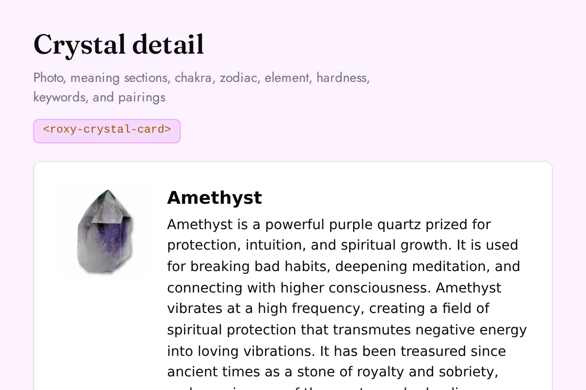 Crystal card: Photo, meaning sections, chakra, zodiac, element, hardness, keywords, and pairings