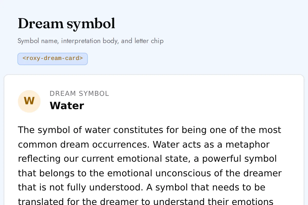 Dream card: Symbol name, interpretation body, and letter chip