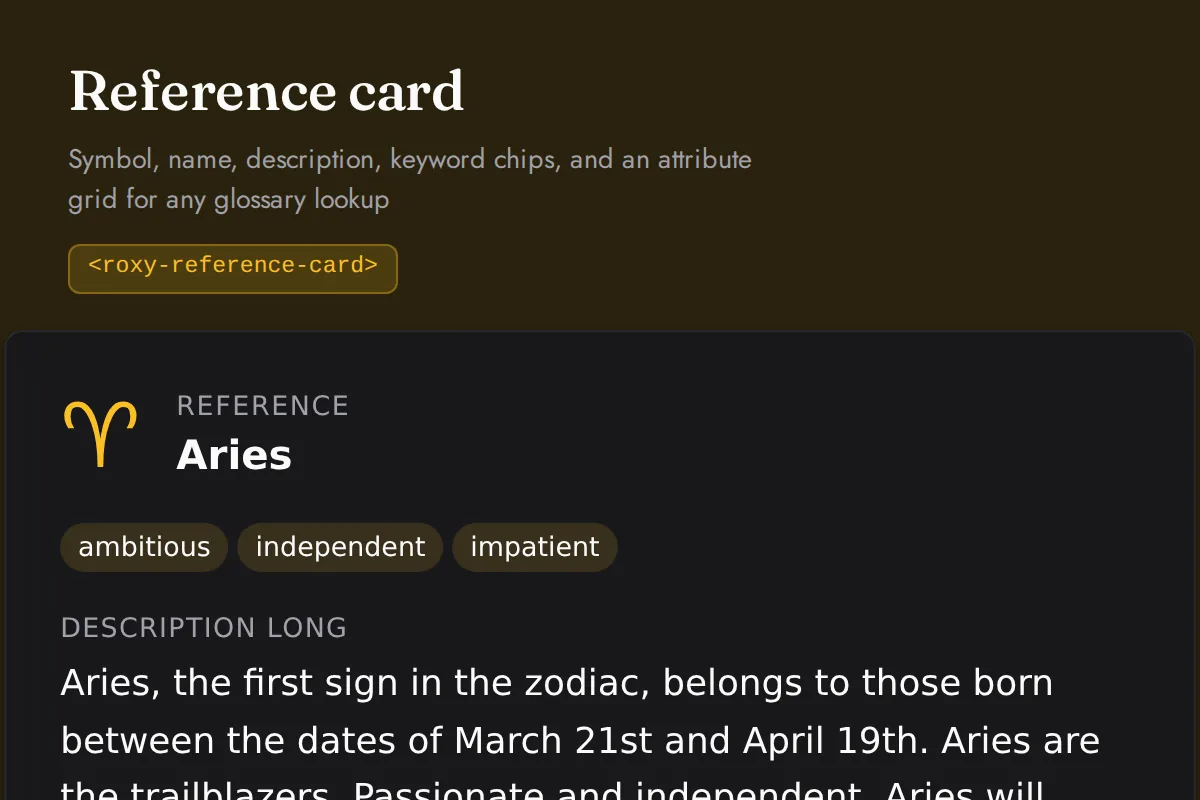 Reference card: Symbol, name, description, keyword chips, and an attribute grid for any glossary lookup
