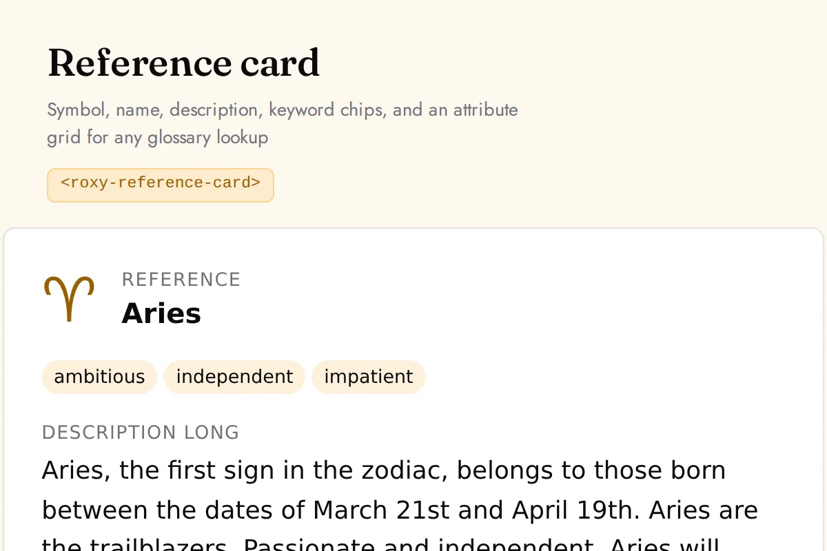 Reference card: Symbol, name, description, keyword chips, and an attribute grid for any glossary lookup