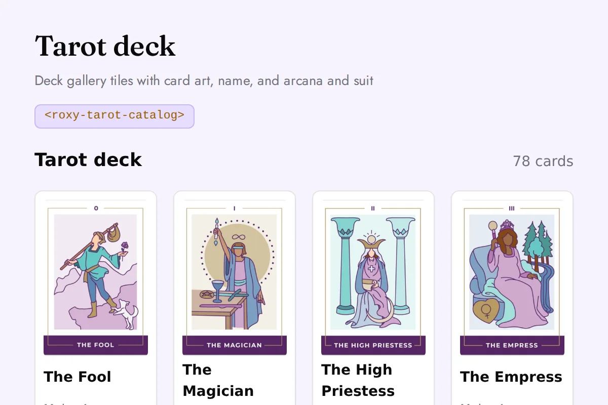 Tarot catalog: Deck gallery tiles with card art, name, and arcana and suit