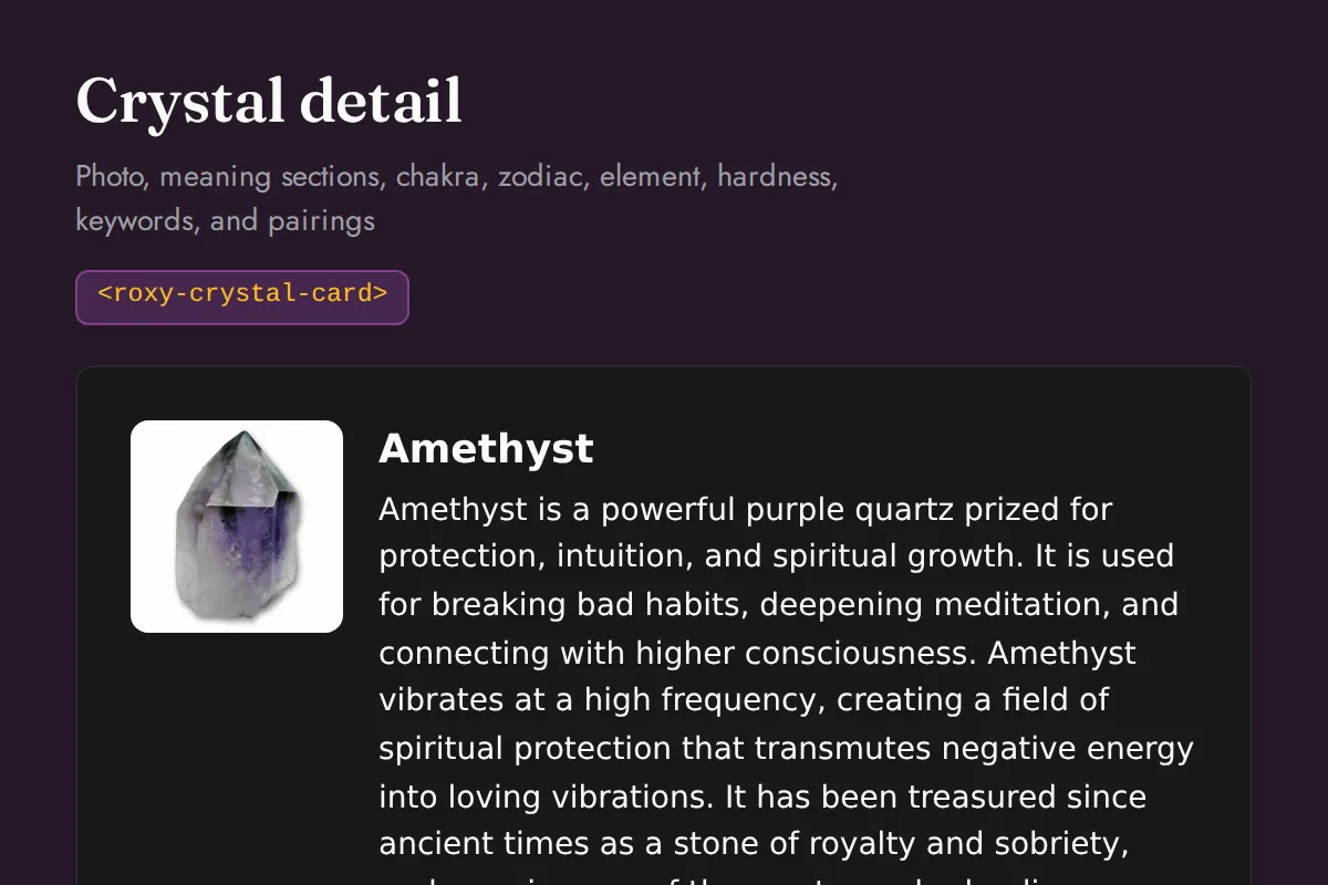 Crystal card: Photo, meaning sections, chakra, zodiac, element, hardness, keywords, and pairings