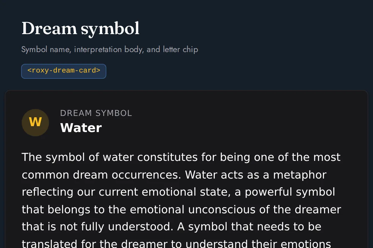 Dream card: Symbol name, interpretation body, and letter chip