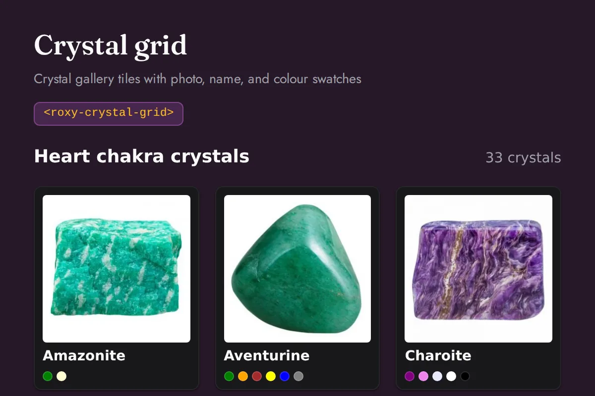 Crystal grid: Crystal gallery tiles with photo, name, and colour swatches