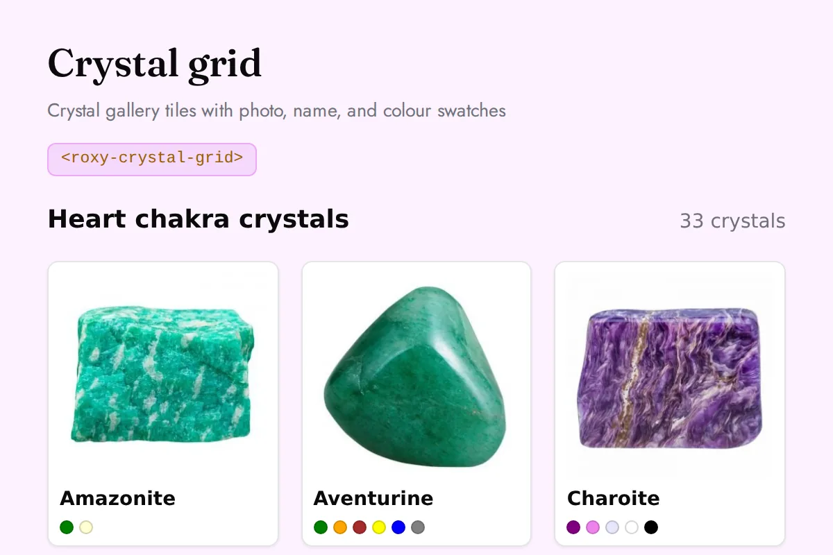 Crystal grid: Crystal gallery tiles with photo, name, and colour swatches