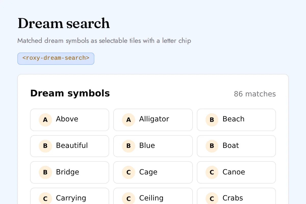 Dream search: Matched dream symbols as selectable tiles with a letter chip