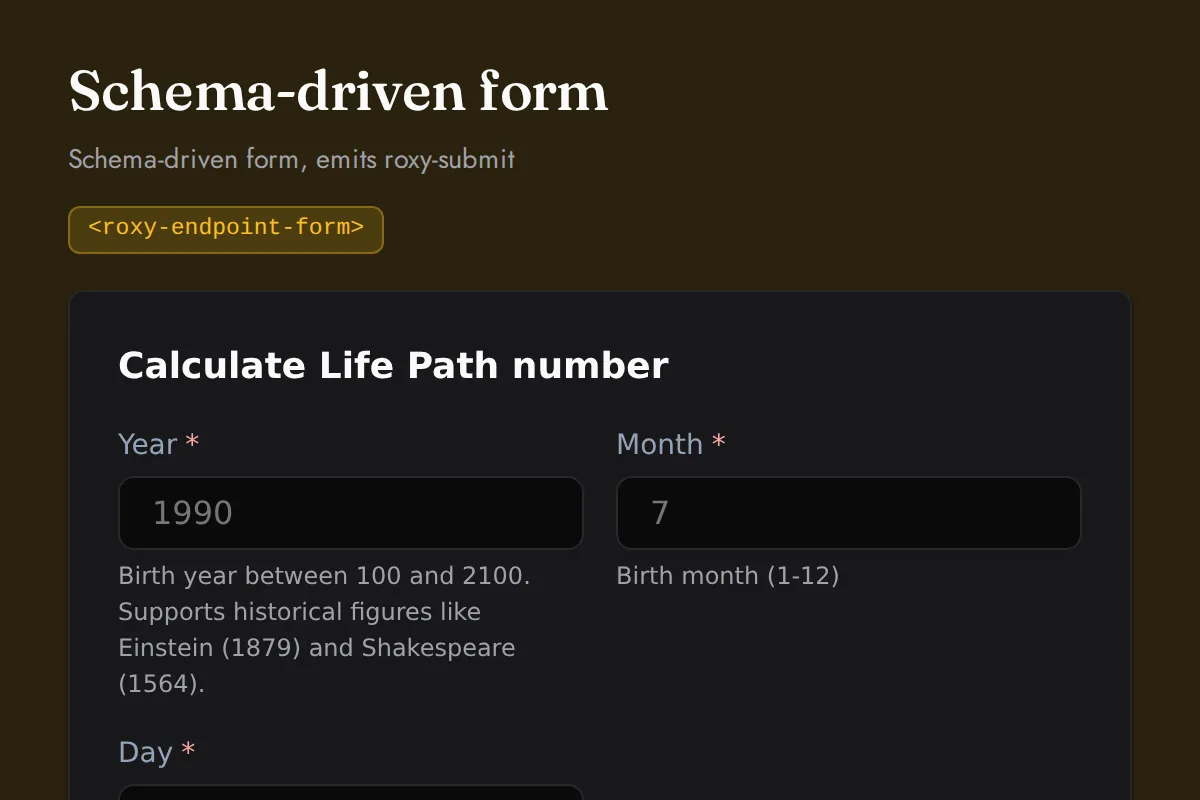 Endpoint form: Schema-driven form, emits roxy-submit
