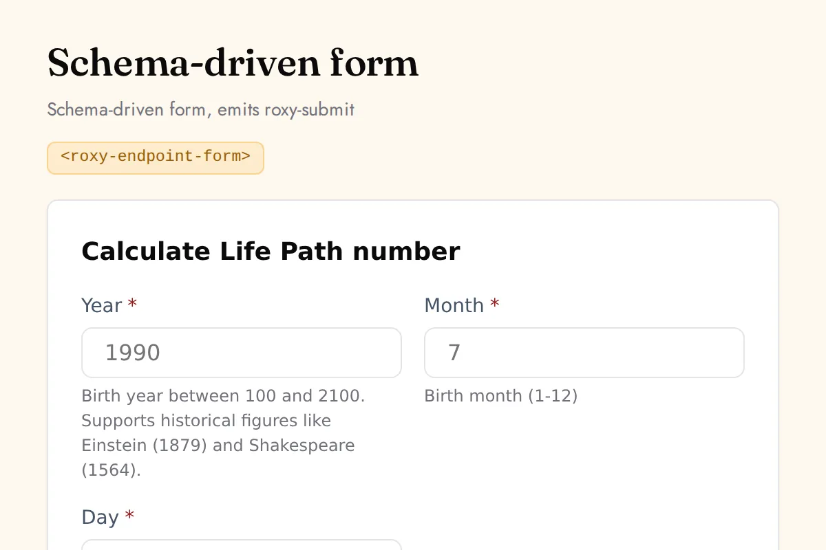 Endpoint form: Schema-driven form, emits roxy-submit