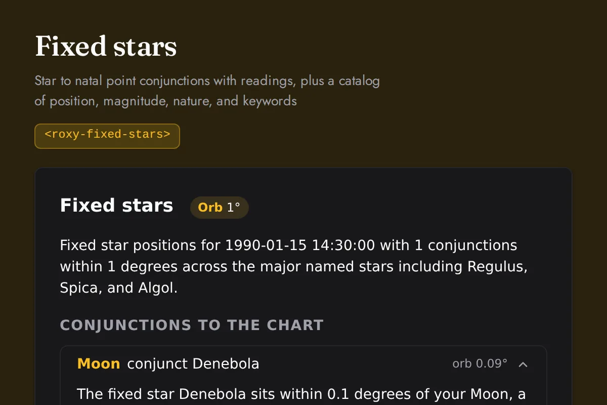 Fixed stars: Star to natal point conjunctions with readings, plus a catalog of position, magnitude, nature, and keywords