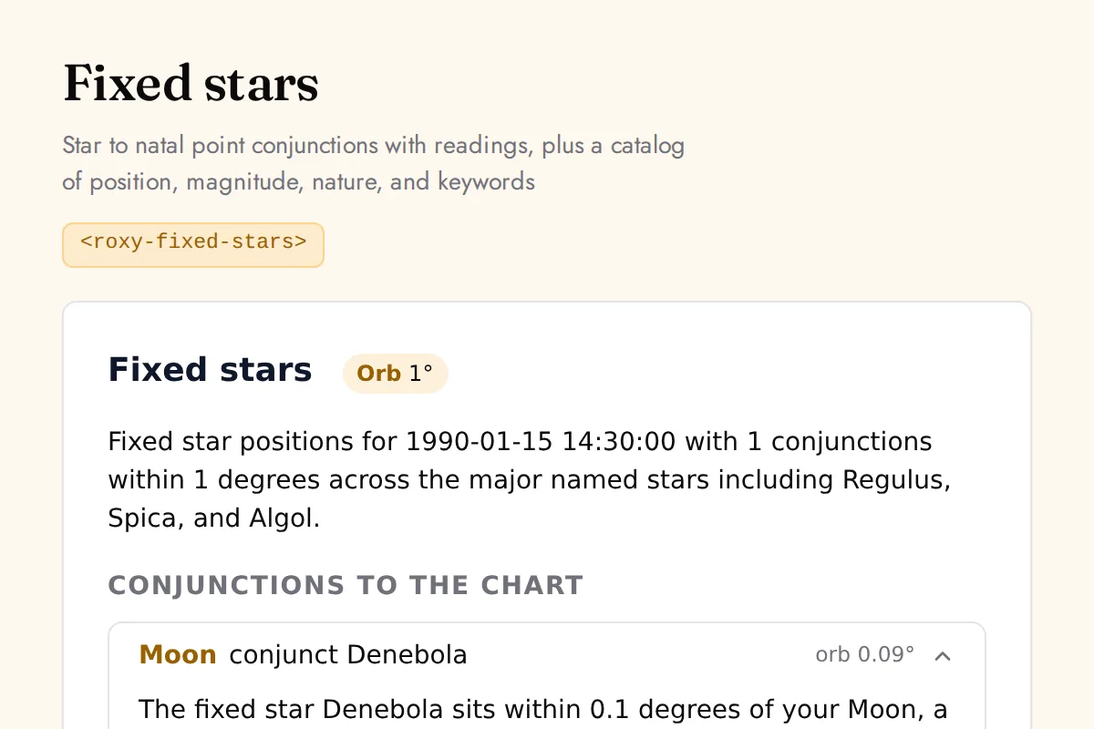 Fixed stars: Star to natal point conjunctions with readings, plus a catalog of position, magnitude, nature, and keywords