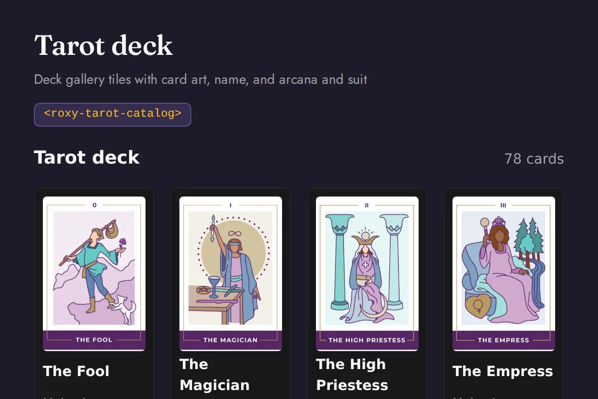 Tarot catalog: Deck gallery tiles with card art, name, and arcana and suit