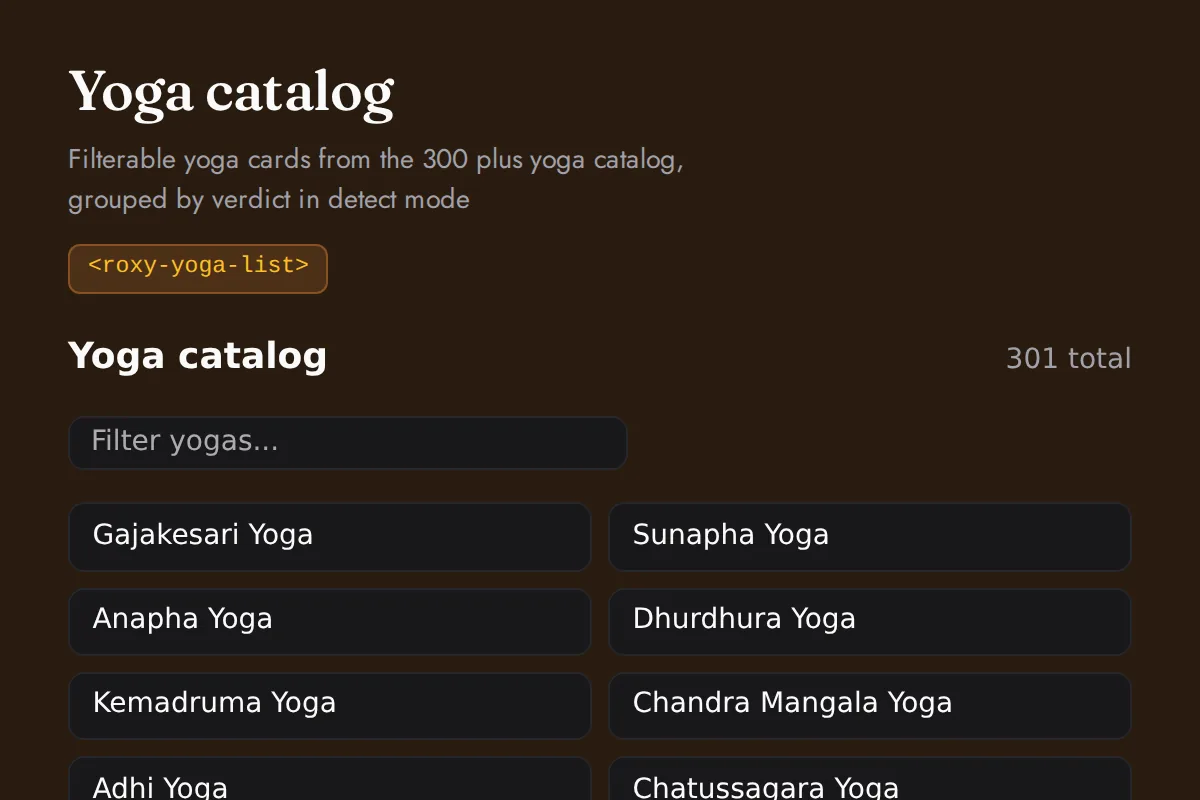 Yoga list: Filterable yoga cards from the 300 plus yoga catalog, grouped by verdict in detect mode