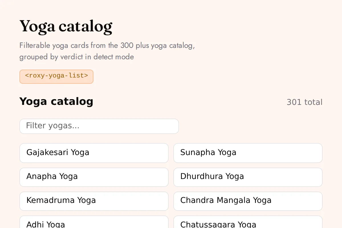 Yoga list: Filterable yoga cards from the 300 plus yoga catalog, grouped by verdict in detect mode