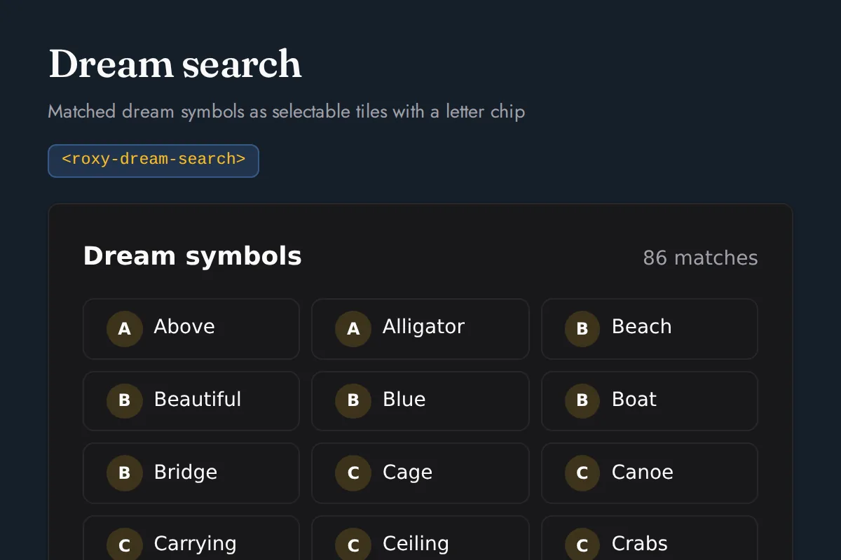 Dream search: Matched dream symbols as selectable tiles with a letter chip