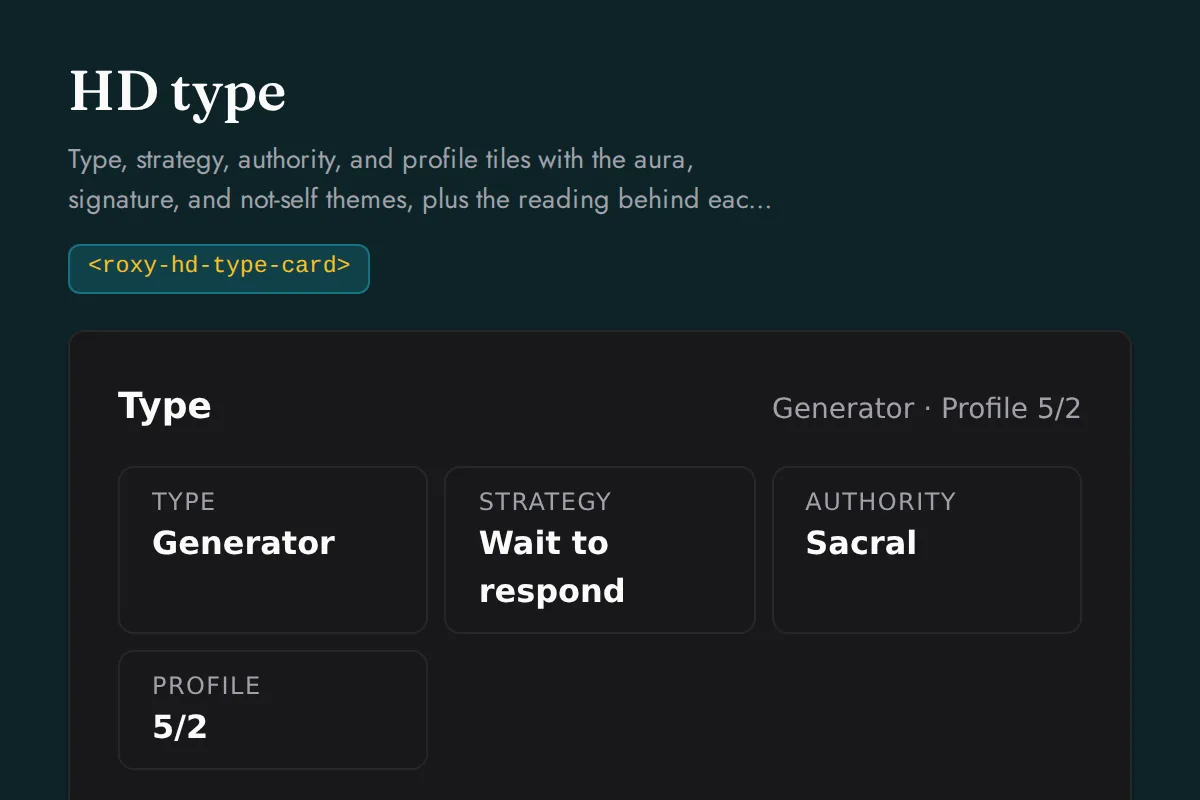 HD type card: Type, strategy, authority, and profile tiles with the aura, signature, and not-self themes, plus the reading behind each label and the profile line keynotes