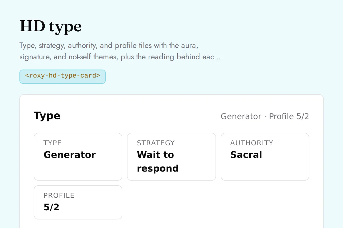 HD type card: Type, strategy, authority, and profile tiles with the aura, signature, and not-self themes, plus the reading behind each label and the profile line keynotes
