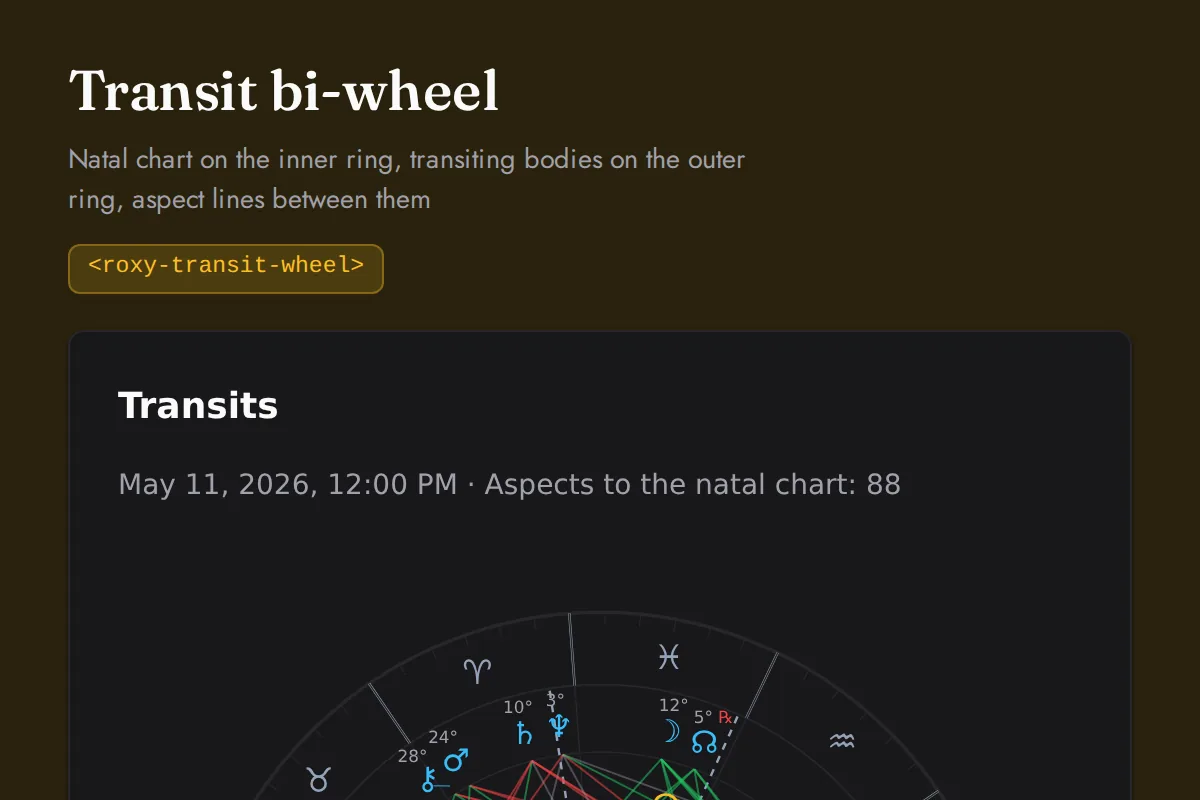 Transit wheel: Natal chart on the inner ring, transiting bodies on the outer ring, aspect lines between them