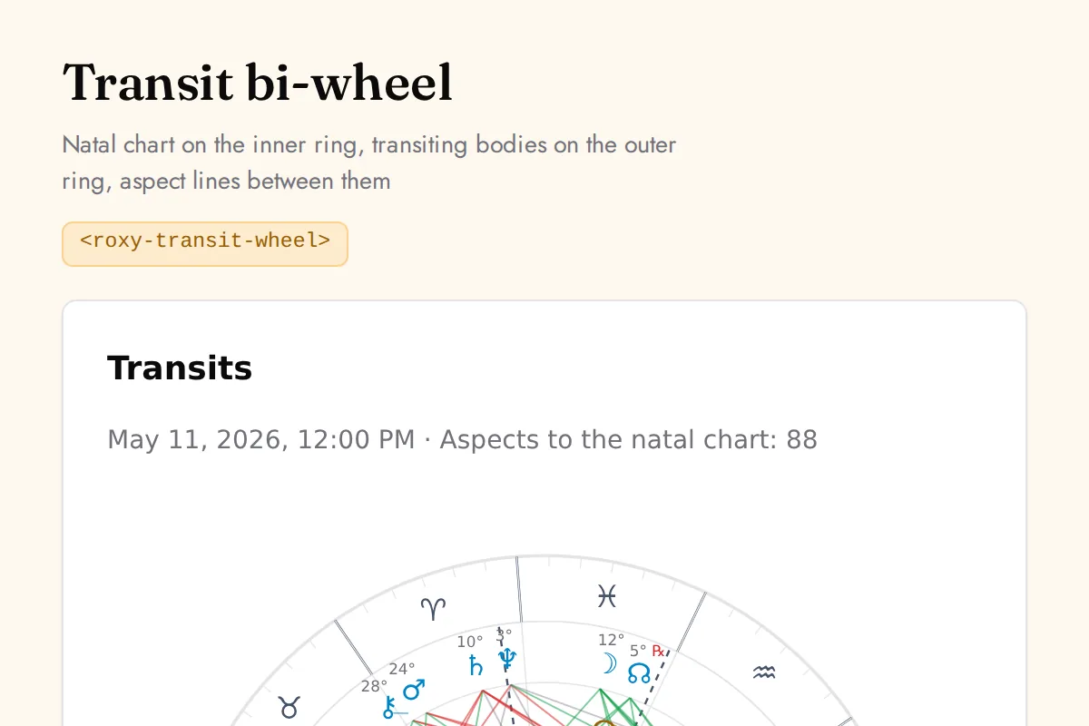 Transit wheel: Natal chart on the inner ring, transiting bodies on the outer ring, aspect lines between them