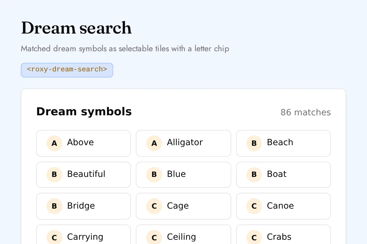 Dream search: Matched dream symbols as selectable tiles with a letter chip