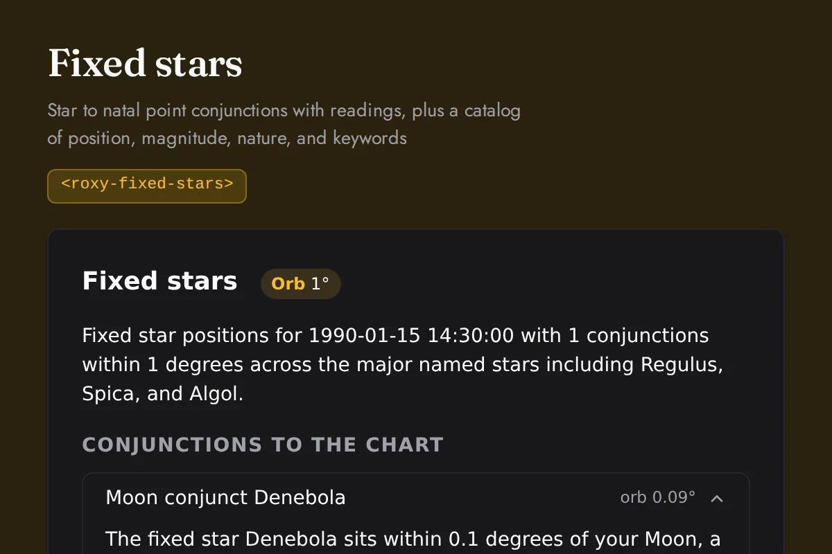 Fixed stars: Star to natal point conjunctions with readings, plus a catalog of position, magnitude, nature, and keywords