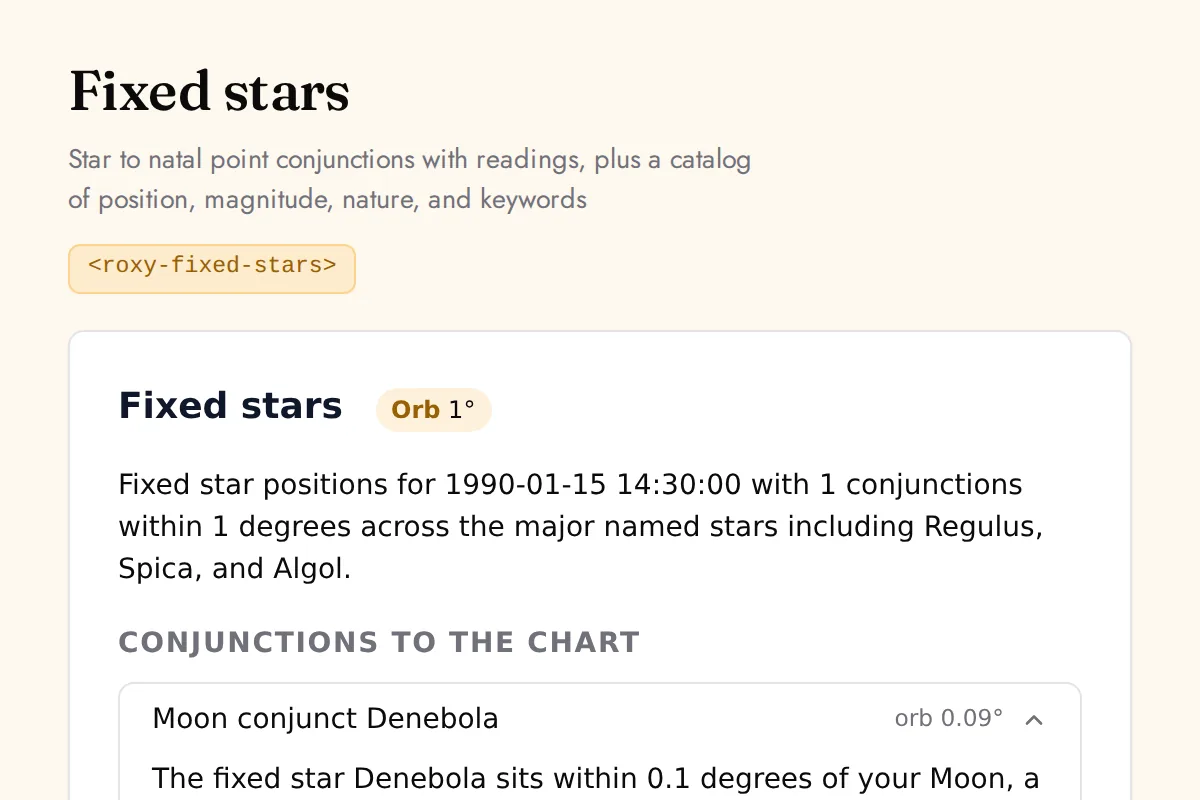 Fixed stars: Star to natal point conjunctions with readings, plus a catalog of position, magnitude, nature, and keywords