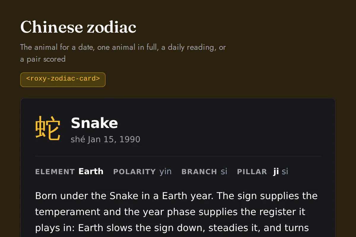 Zodiac card widget: The animal for a date, one animal in full, a daily reading, or a pair scored