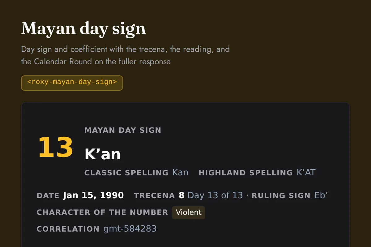 Mayan day sign: Day sign and coefficient with the trecena, the reading, and the Calendar Round on the fuller response