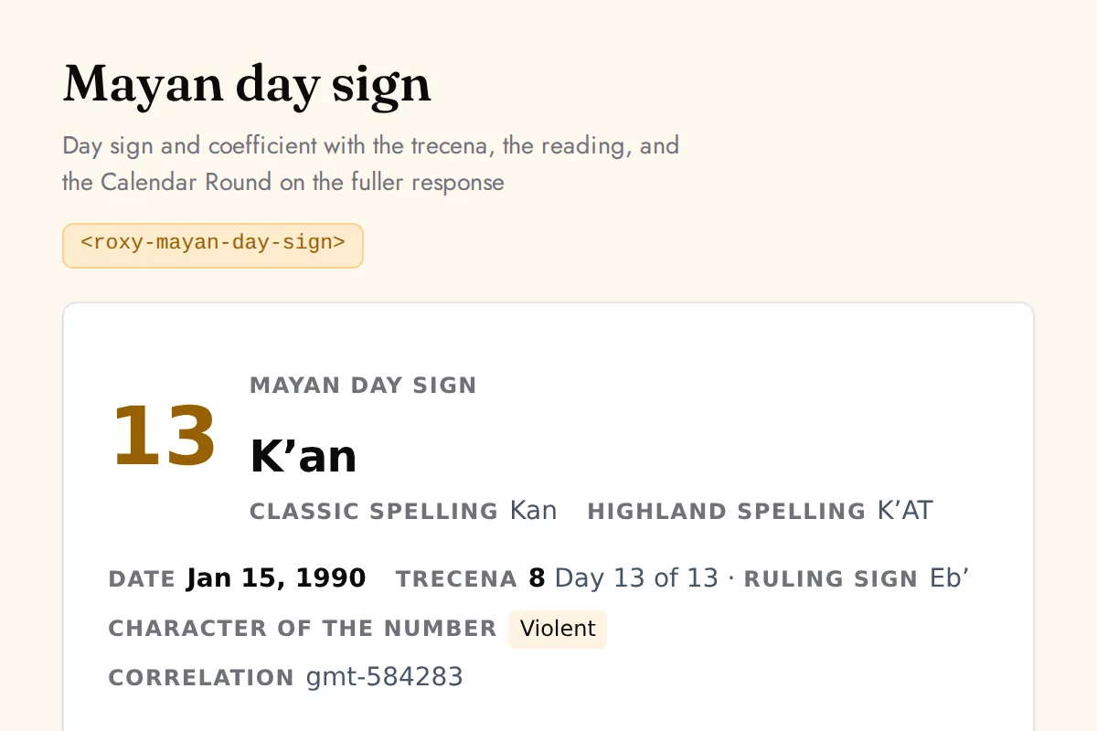 Mayan day sign: Day sign and coefficient with the trecena, the reading, and the Calendar Round on the fuller response