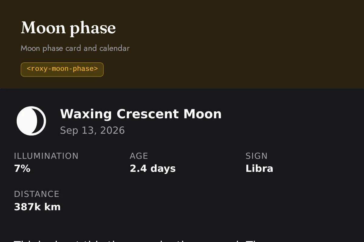 Moon phase widget: Moon phase card and calendar