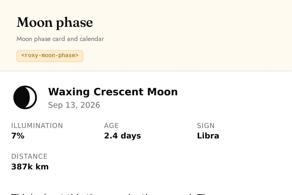 Moon phase widget: Moon phase card and calendar