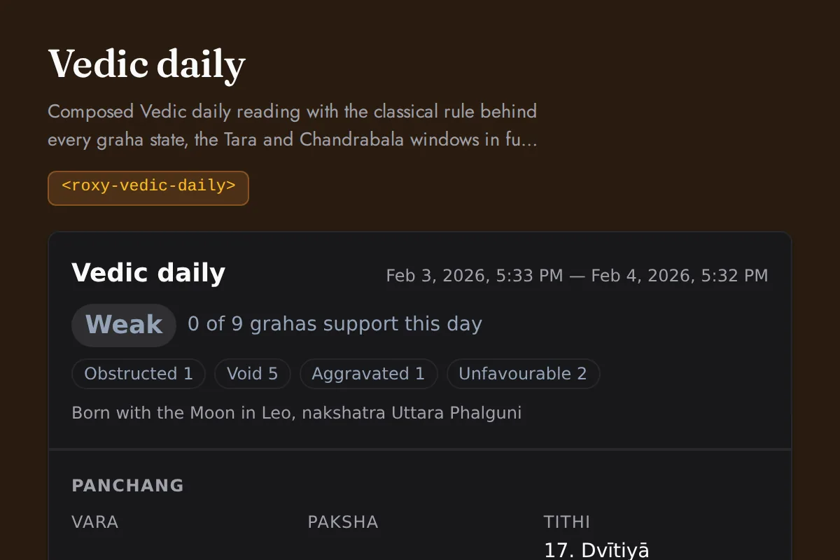 Vedic daily widget: Composed Vedic daily reading with the classical rule behind every graha state, the Tara and Chandrabala windows in full, and all three sidereal frames named