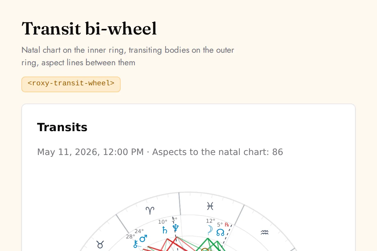 Transit wheel: Natal chart on the inner ring, transiting bodies on the outer ring, aspect lines between them