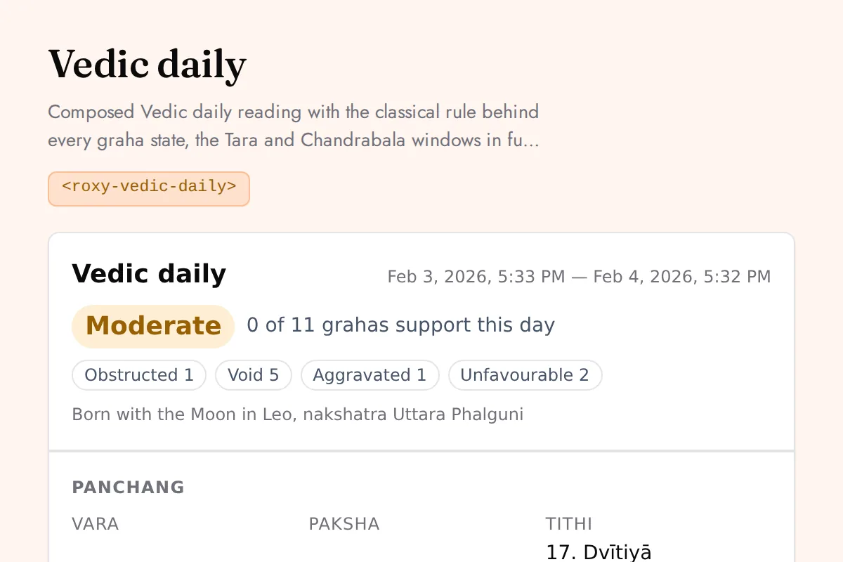 Vedic daily: Composed Vedic daily reading with the classical rule behind every graha state, the Tara and Chandrabala windows in full, and all three sidereal frames named