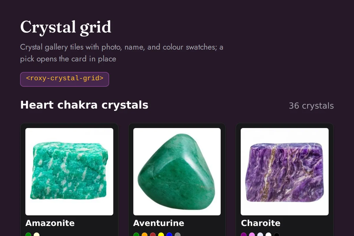Crystal grid: Crystal gallery tiles with photo, name, and colour swatches; a pick opens the card in place