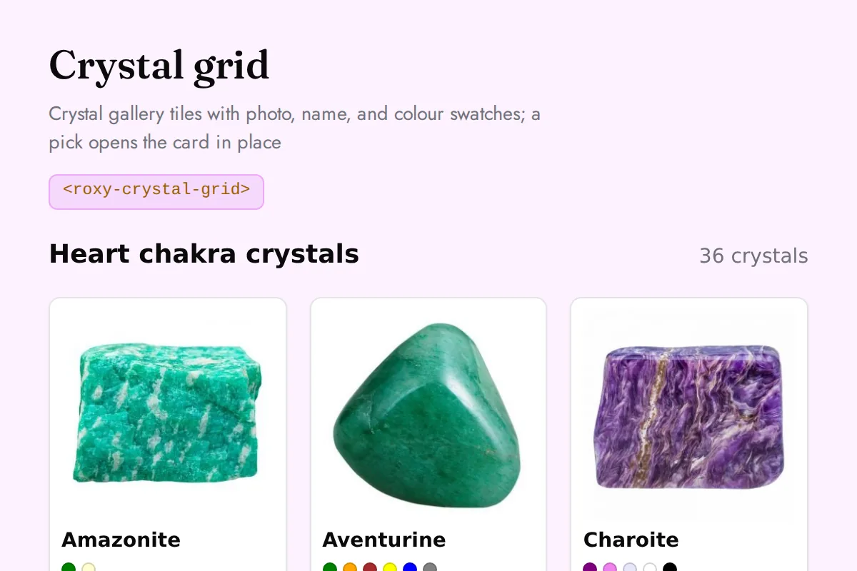 Crystal grid: Crystal gallery tiles with photo, name, and colour swatches; a pick opens the card in place