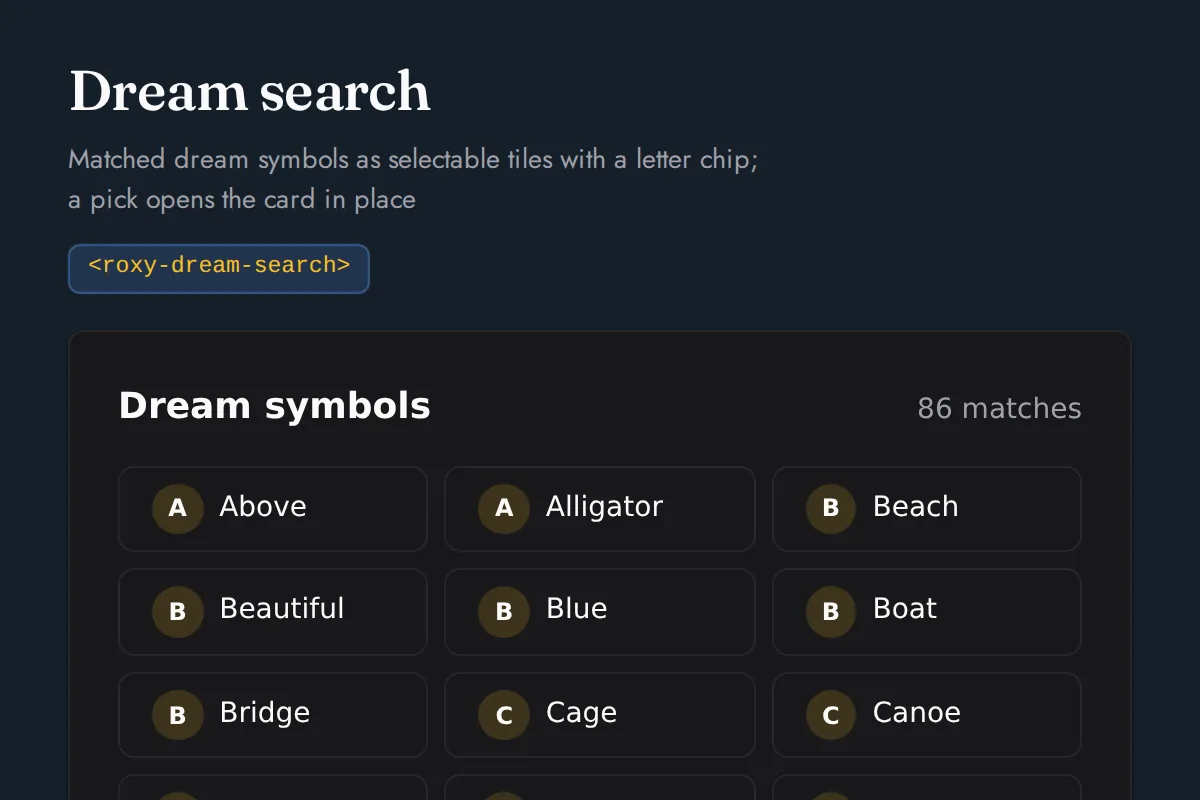 Dream search: Matched dream symbols as selectable tiles with a letter chip; a pick opens the card in place