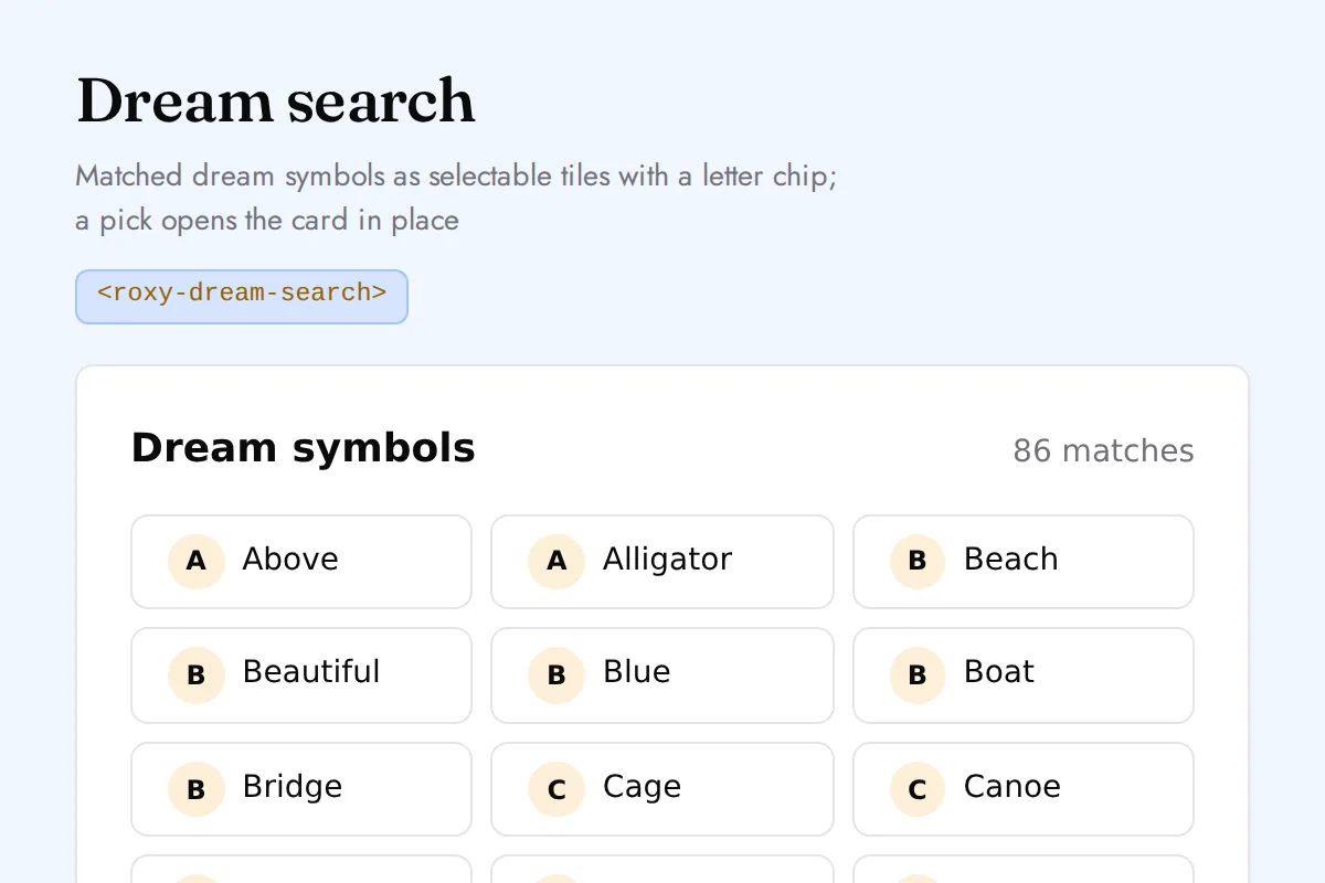 Dream search: Matched dream symbols as selectable tiles with a letter chip; a pick opens the card in place