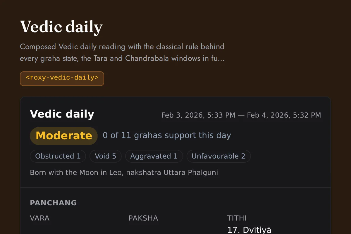 Vedic daily: Composed Vedic daily reading with the classical rule behind every graha state, the Tara and Chandrabala windows in full, and all three sidereal frames named