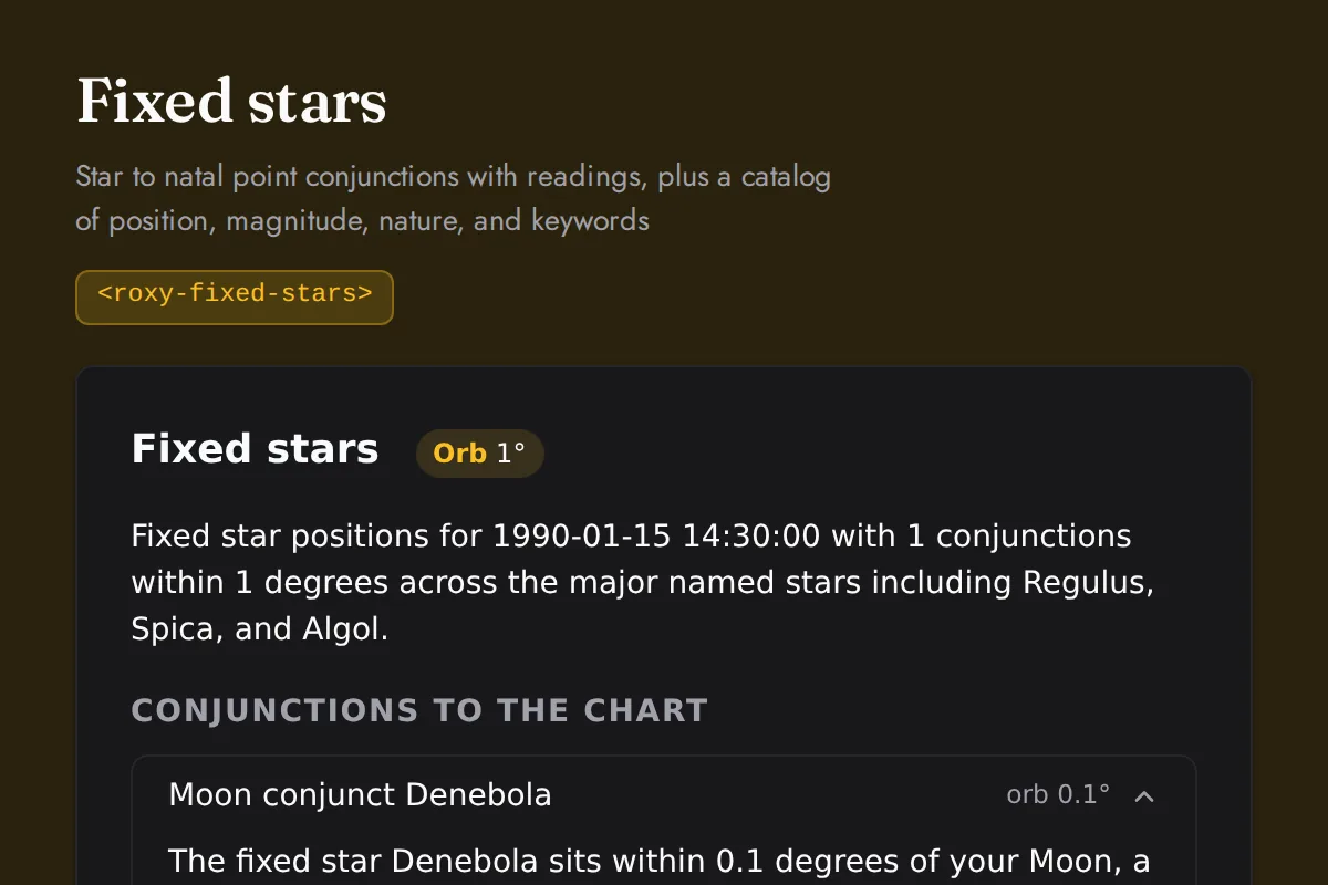 Fixed stars: Star to natal point conjunctions with readings, plus a catalog of position, magnitude, nature, and keywords