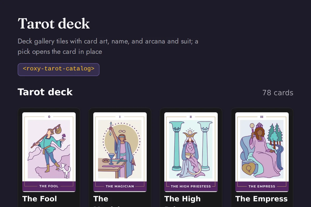 Tarot catalog: Deck gallery tiles with card art, name, and arcana and suit; a pick opens the card in place