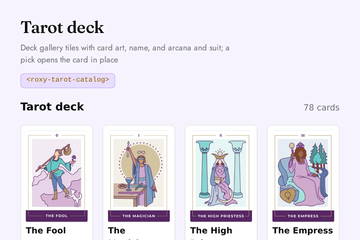 Tarot catalog: Deck gallery tiles with card art, name, and arcana and suit; a pick opens the card in place
