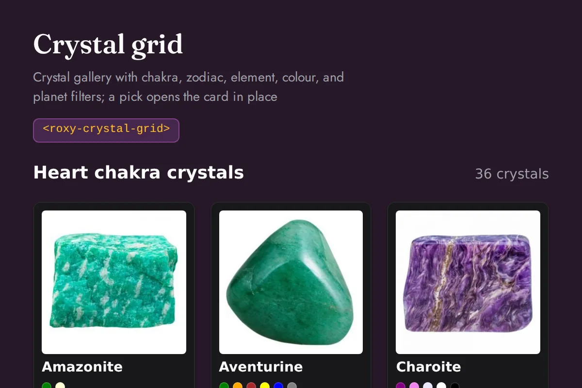 Crystal grid widget: Crystal gallery with chakra, zodiac, element, colour, and planet filters; a pick opens the card in place