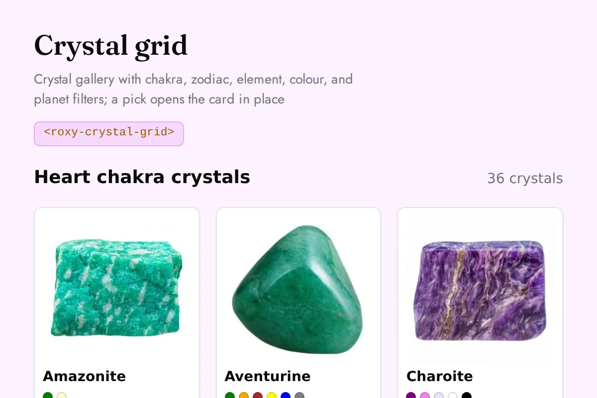 Crystal grid widget: Crystal gallery with chakra, zodiac, element, colour, and planet filters; a pick opens the card in place