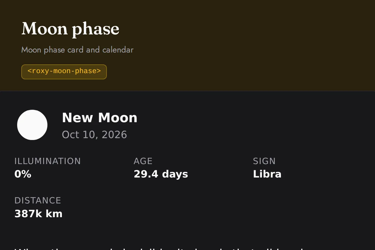 Moon phase widget: Moon phase card and calendar