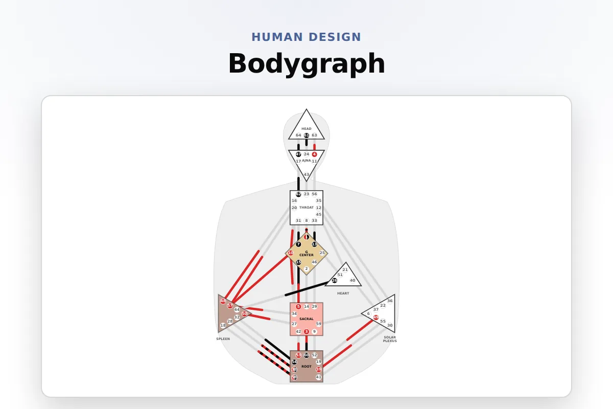 Bodygraph: Nine-center chart with defined and open centers, active channels, and gates, plus the type, strategy, authority, profile, and definition readings, the channels by circuit, the centers, and every activation with its gate and line meaning