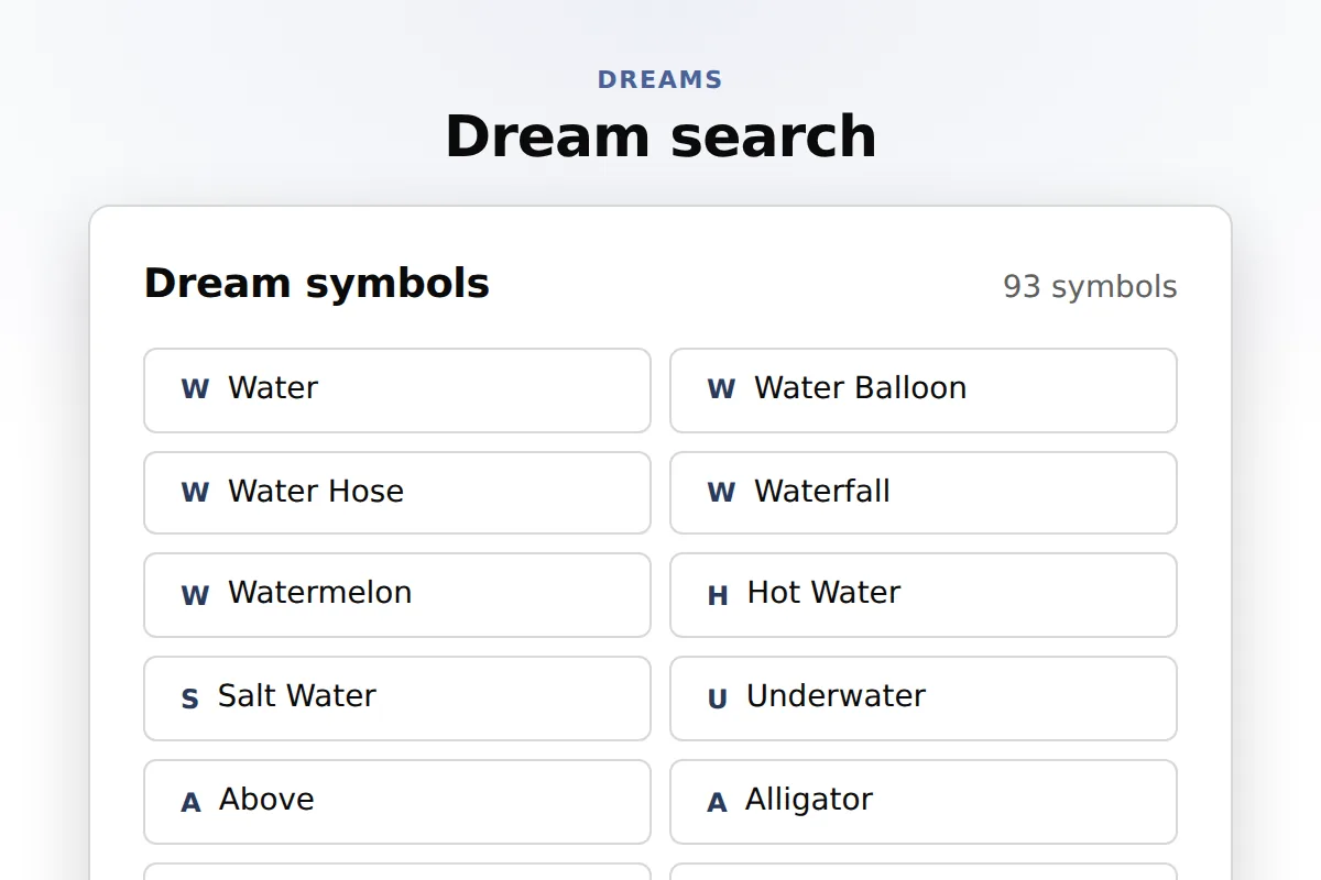 Dream search: The dream dictionary as tiles, browsed A to Z or searched; a pick opens the card in place