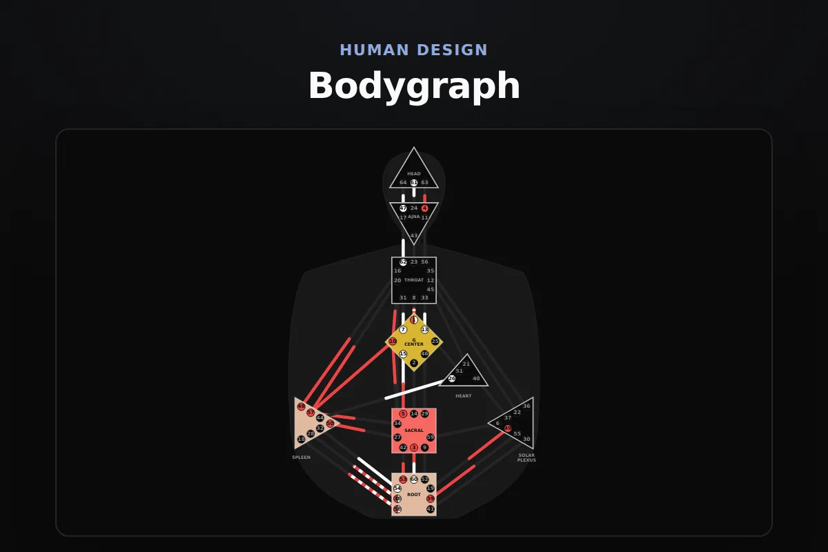 Bodygraph: Nine-center chart with defined and open centers, active channels, and gates, plus the type, strategy, authority, profile, and definition readings, the channels by circuit, the centers, and every activation with its gate and line meaning